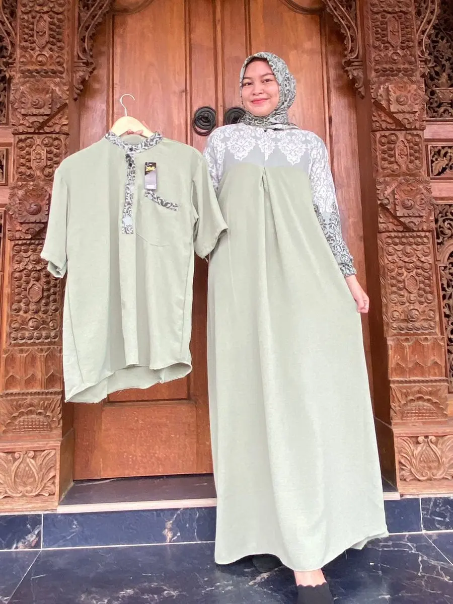 Dress Lebaran Fatimah Set Cople Koko Terbaru Free Hijab Motif Crinkle Printing