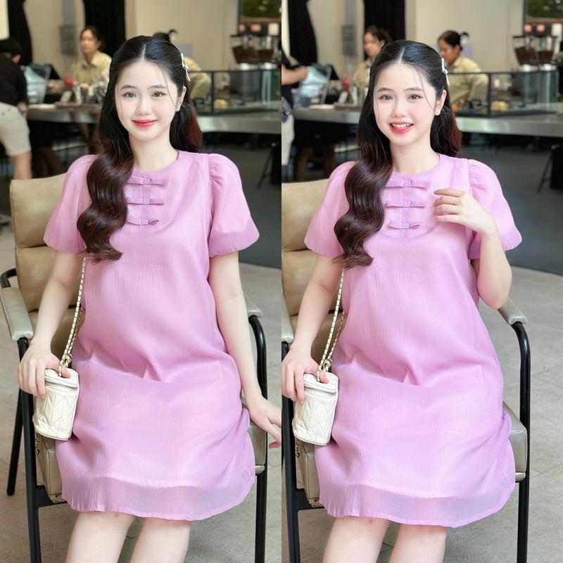Đầm bầu Siri cổ yếm đính nơ tay bồng vải voan tơ có lót lụa