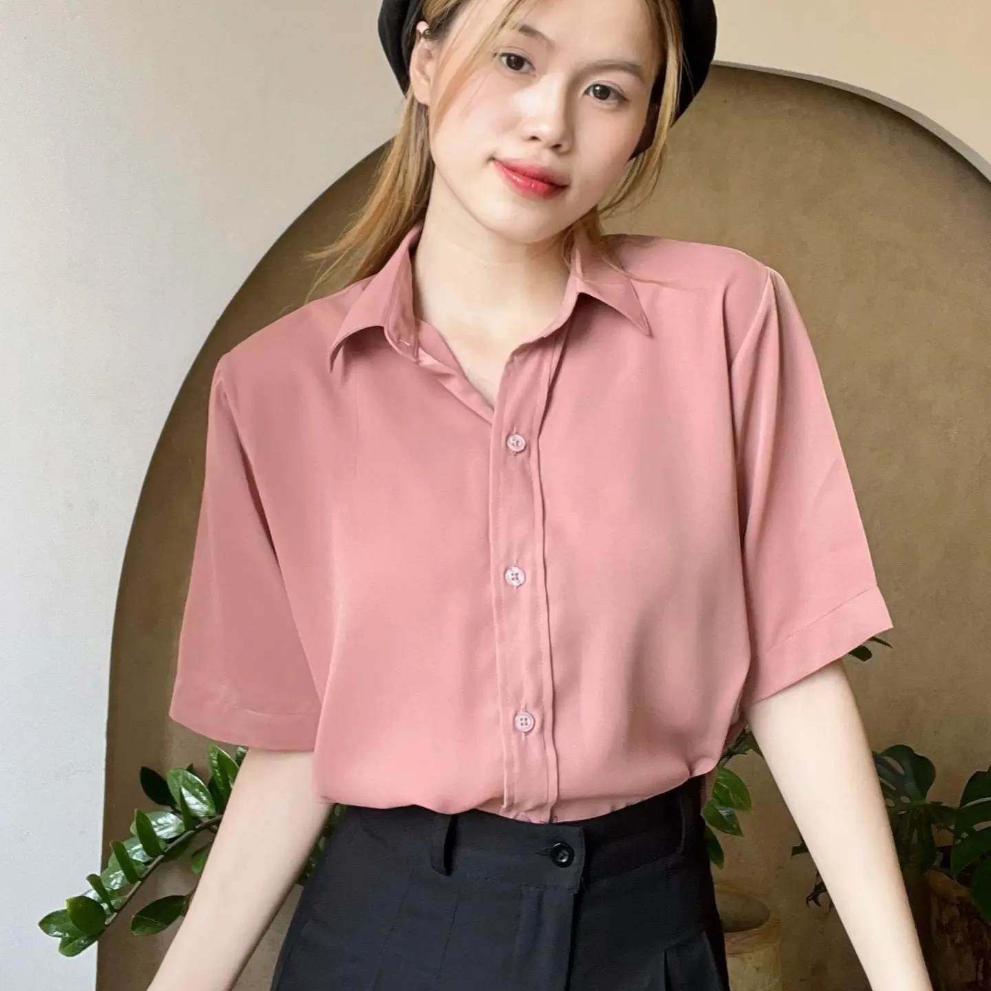 Áo sơ mi nữ ngắn tay form rộng kiểu Hàn, vải lụa Mango, thoáng mát, AMI02