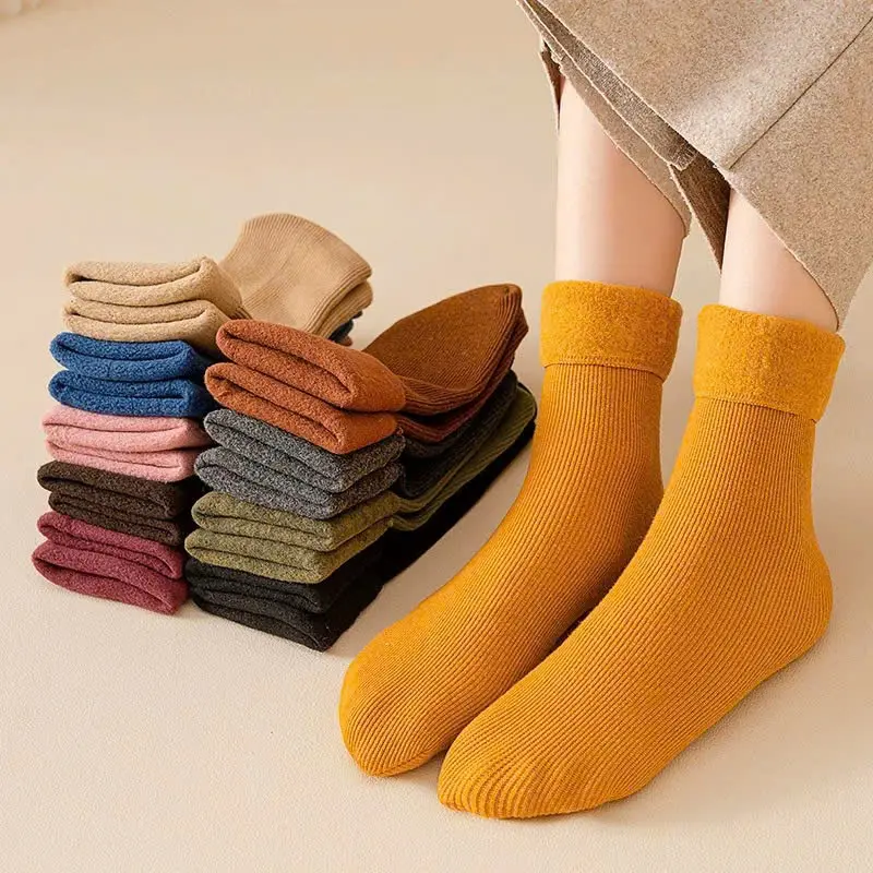 Set 5 Đôi Tất Vớ Cotton Lót Lông Nỉ Giữ Nhiệt Cao Cổ Siêu Ấm Màu Pastel Cho Nữ Tnhiet1