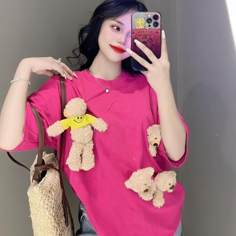 Áo phông cotton khô 3158 thêu nổi - Gấu mắc áo vàng+3 gấu con, form rộng từ 40-70kg Top Cổ Tròn Nữ Women Voi Kem áonuxinh