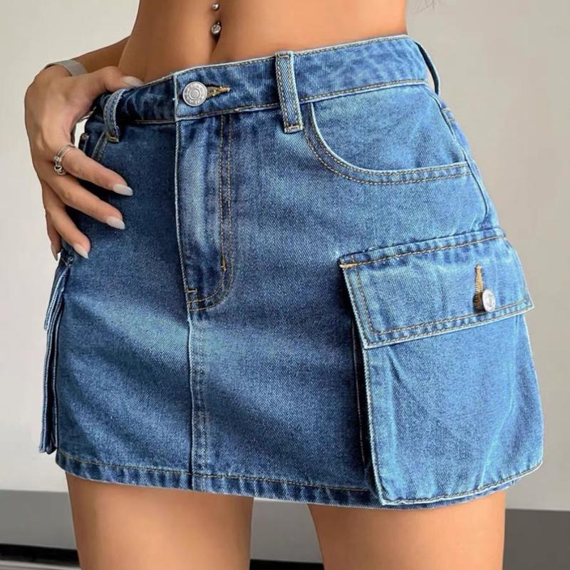 Wan Vn Chân Váy Jeans Chữ A Nữ Ngắn Túi Hộp Basic Có Lót Trong Tôn Dáng Cạp Cao Ôm Eo Quần Bảo Hộ lửng Women Khuy bò 0