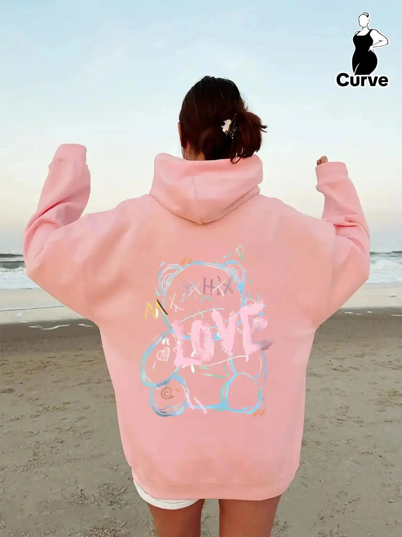 【Plus Size】 Cartoon Bear & Letter Print Drop Shoulder Hoodie, Fashion Casual Drawstring Pocket Hooded Sweatshirt for Daily Holiday Outdoor Wear, Women Plus Clothing for Fall & Winter