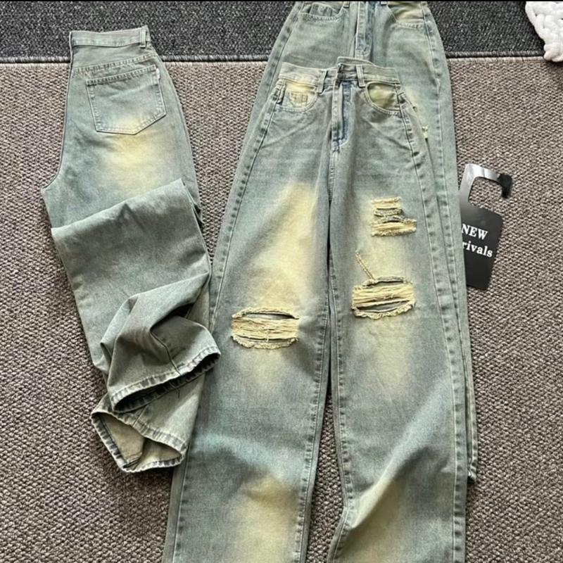 Quần Jean Nữ Ống Rộng Lưng Cao Nâng Mông Rách Kiểu S-5645 - Bò Xanh Dơ - Pants, Kem quanje andihoc