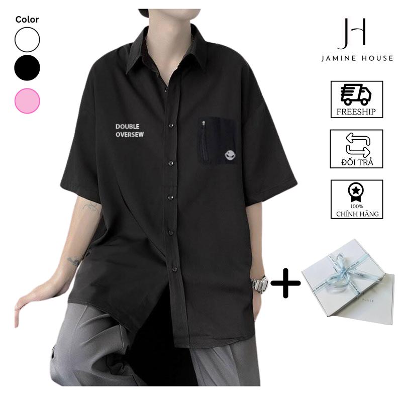  Áo Sơ Mi Nam Nữ JAMINE HOUSE  Logo Thiết Kế Túi TRƯỚC CÓ 3 MÀU Unisex Tay Ngắn Vải Lụa Menswear Hồng Shirt Kem Nhung - Tết - Xmas 