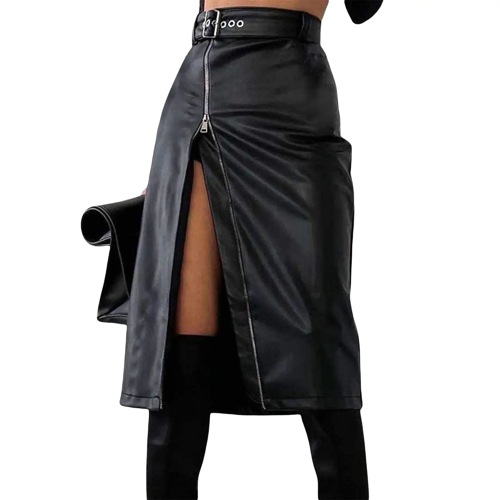 Women's Faux Leather Pencil Skirt, High Waist Solid Color Split Bodycon Midi Skirt with Belt