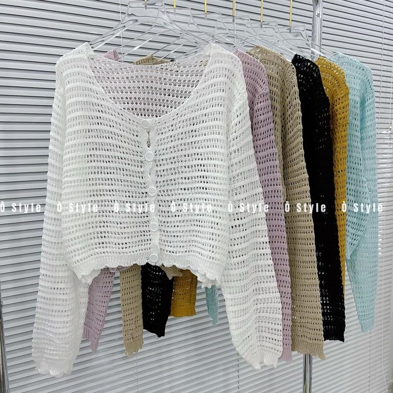 [AK077] Áo khoác cardigan mỏng dệt kim tay dài gài nút dáng lửng Nữ Women Trắng Top len
