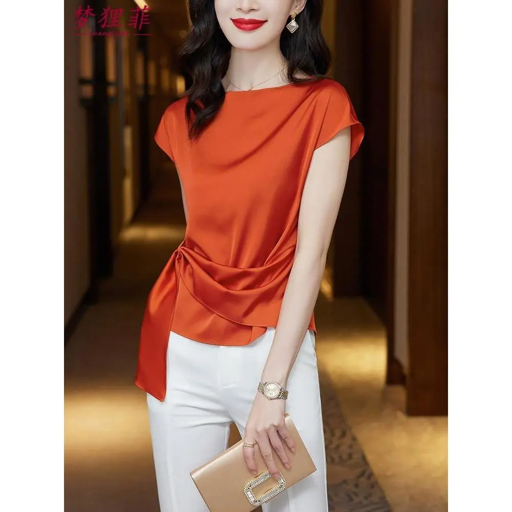 Áo Sơ Mi ngắn Tay Áo, Cao Cấp, Dành Cho Nữ, Áo Sơ Mi Satin Voan Mùa Hè, Phong Cách Phương Tây, Ngầu Và Thường Ngày, Hàng Mới Về 2024 Women Top Shirt Cổ Tròn
