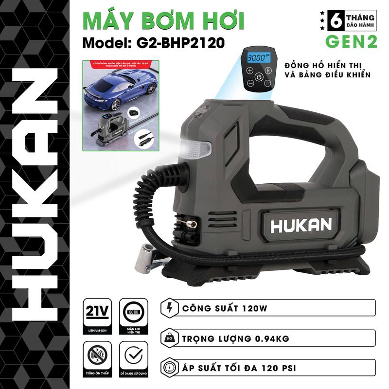 Máy bơm hơi mini bản nâng cấp cầm tay Hukan G2-BHP2120 - Bơm xe máy ô tô xe đạp bơm bóng sạc điện thoại chân pin phổ thông hàng chính hãng