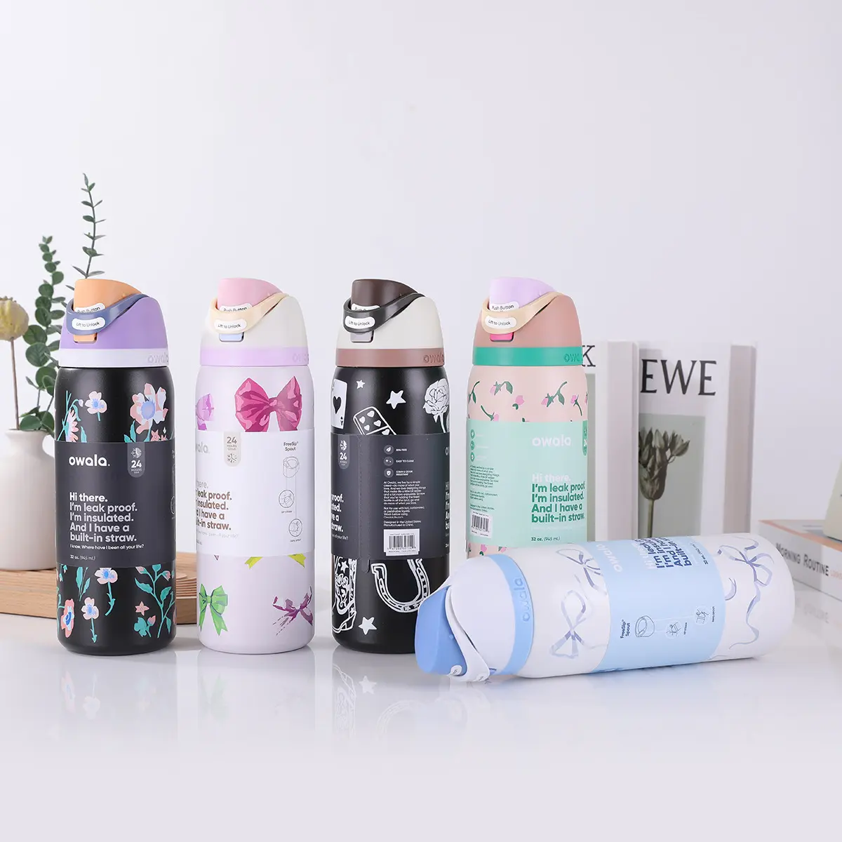 Girlhood Dear Diary  Blue Bows Owala FreeSip Insulated Stainless Steel Water Bottle with Straw for Sports and Travel, BPA-Free, 32 oz, Marshmallow