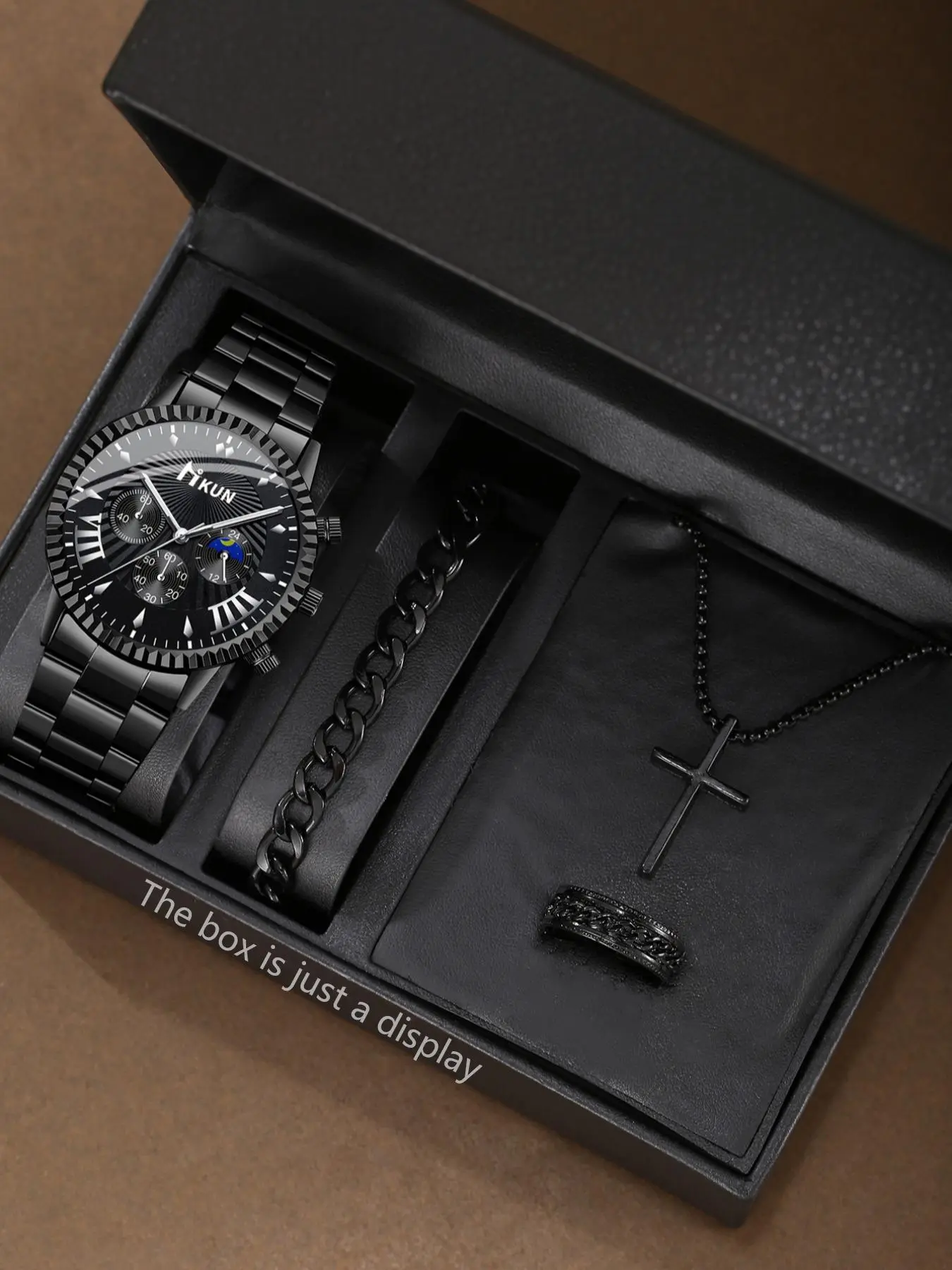 Men's Business Round Dial Quartz Watch & Cross Pendant Necklace & Bracelet & Ring, without Box, Trendy All-match & Exquisite Watch Set for Birthday Gift, Luxury Watches for Men