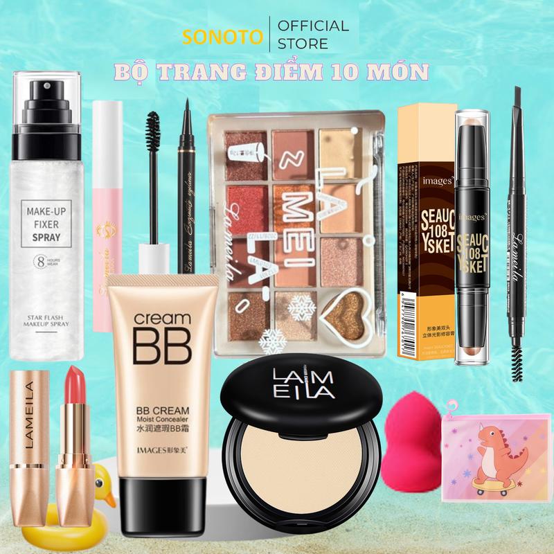 Bộ trang điểm nữ 10 món mỹ phẩm Women gồm xịt khoáng makeup, kem nền BB, phấn phủ kiềm dầu, Son môi Kem, Mascara Cosmetic bộ  makeup cá hề bút kẻ mắt SONOTO