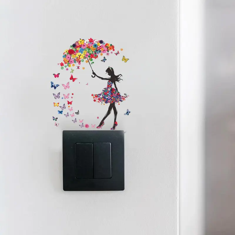 Butterfly Flower Umbrella Girl Switch Sticker Decorative Wall Sticker Bedroom Switch Socket Sticker Self-adhesive 3
