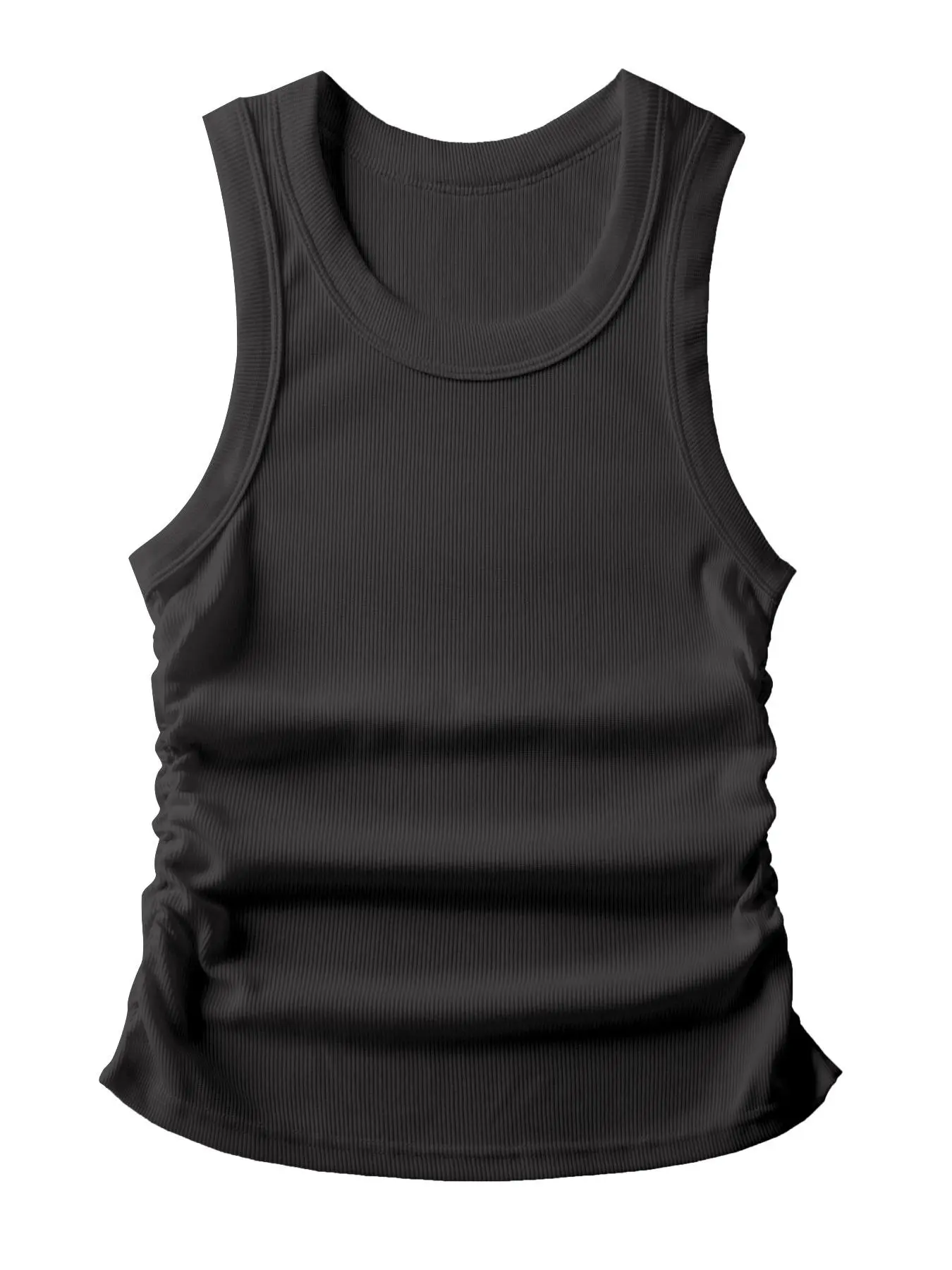 Women's Solid Ruched Round Neck Sports Tank Tops, Sporty Breathable Comfortable Sleeveless Vest, Ladies Sportswear for Gym Fitness, Activewear