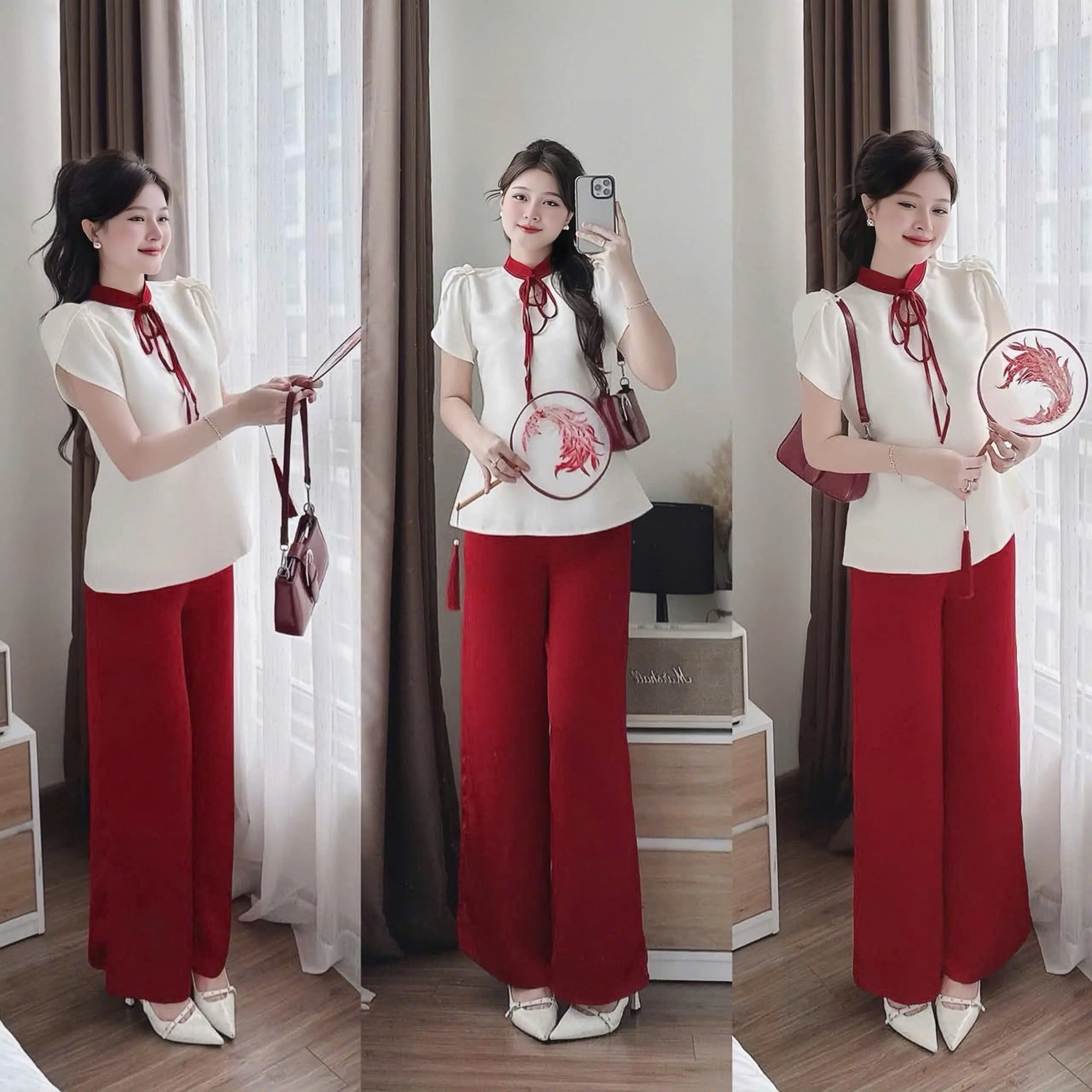 Set bộ nữ tuyết nhung cổ tròn thắt dây nơ tay ngắn kèm quần dài ống rộng xinh xắn thích hợp cho các nàng diện đi chơi. Women top
