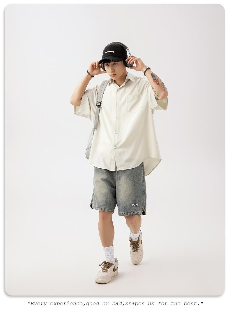 Product Introduction of Korean Men's Smooth Draping Short-Sleeved Shirt Men's Summer New Pure Color Couple Casual Loose Shirt Jacket Menswear Top Lingerie Human Oversize Plain Beige Baggy Vintage Tights Collar Collared Tropical 19