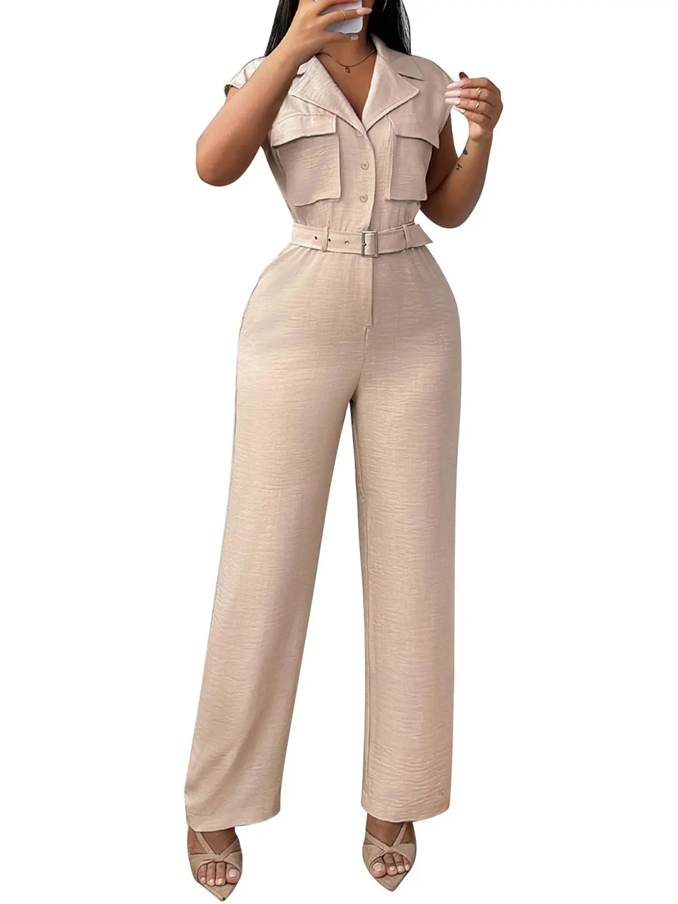 Women's Solid Color Wide Leg Jumpsuit with Belt, Casual Modesty Comfy Button Jumpsuit for Daily Wear, Ladies Clothes for All Seasons, Summer Clothes