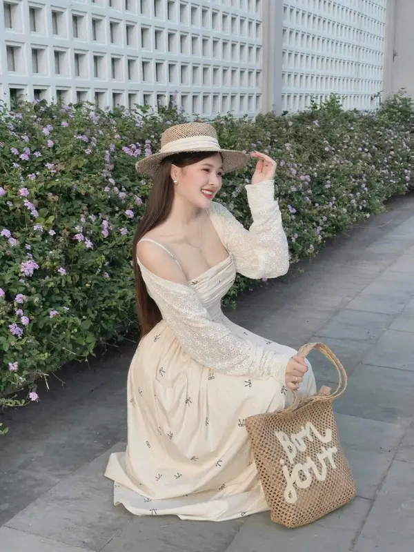 Sét đồ nữ 2 món đầm hai dây nhún ngực in nơ kèm áo khoác ren tay dài xinh xắn dễ thương 2