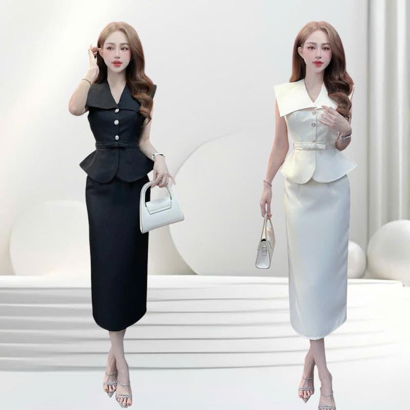 Set áo váy thiết kế CRAZYTEEN S5786 dành cho nữ gồm áo kiểu tay ngắn cổ vạt tạo kiểu và chân váy dáng suông để đi chơi ( Áo peplum/ Chân váy )