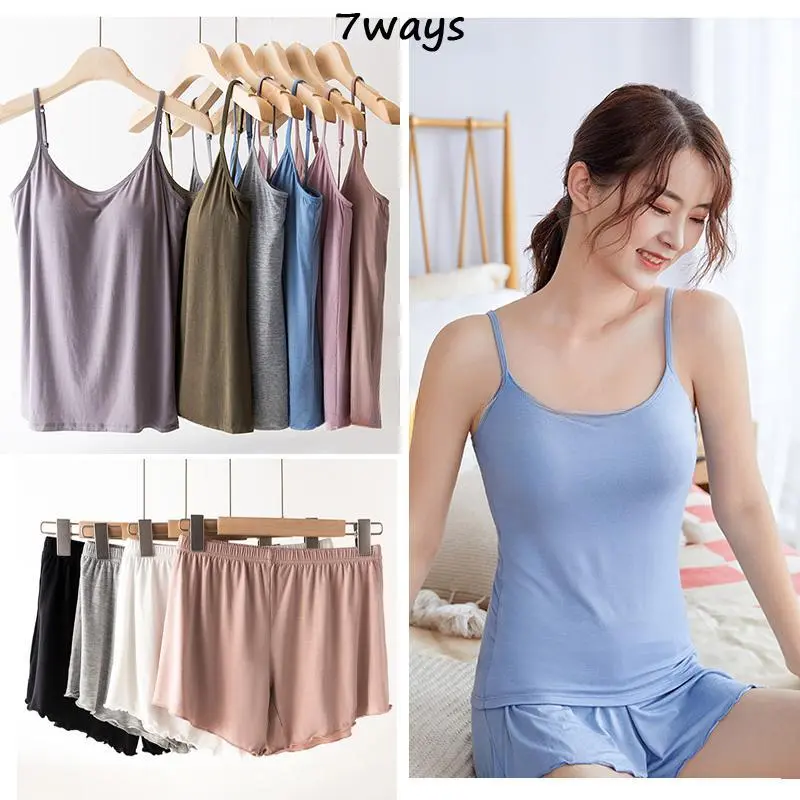 bra-top ladies' comfortable pajamas with chest pad, Super soft cotton homewear suit, camisole + shorts two-piece set Fabric Loungewear
