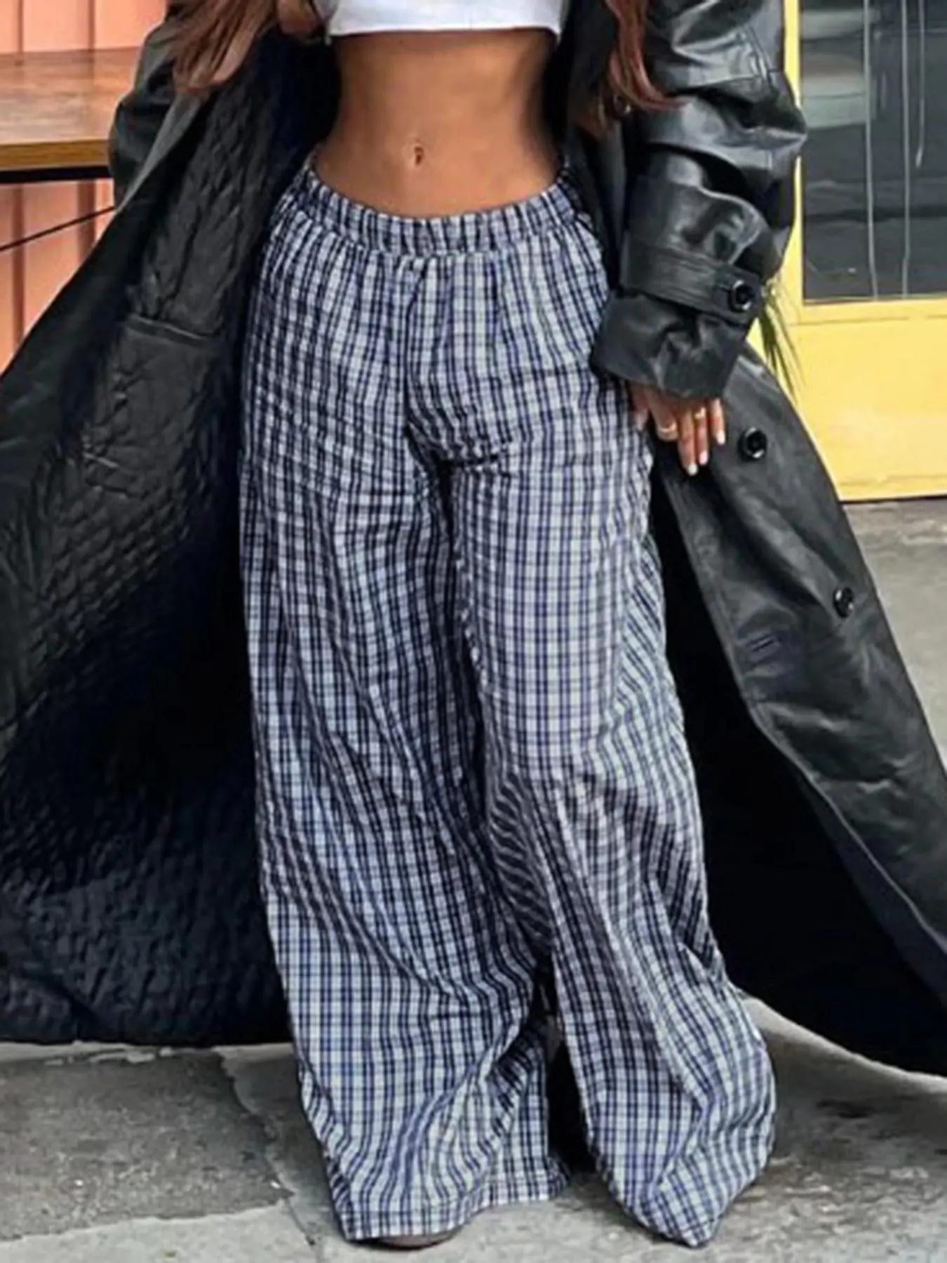 Women's Plaid Print Wide Leg Pants, Casual Comfy Trousers for Daily Wear, Ladies Bottoms for All Seasons