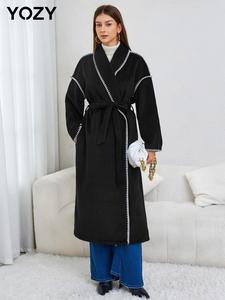 YOZY Women's Contrast Binding Shawl Collar Belted Overcoat, Casual Drop Shoulder Long Sleeve Coat, Women's Clothing for Fall & Winter
