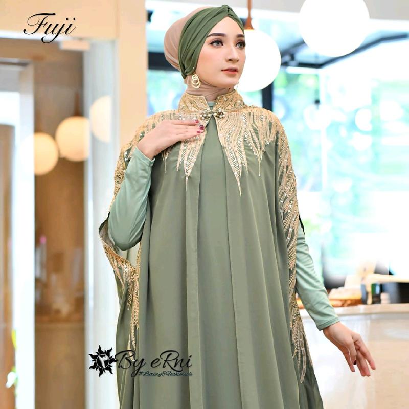 Kaftan Fuji Set Inner Gamis Bordir Manual Langsung Kain Abaya Muslim Bahan Ceruty Mewah Kaftan Dress   Panjang Payet Pesta Kondangan Dewasa Kaftan Hitam Outer Nyatu Kaftan Raya Abaya Raya 2025 1