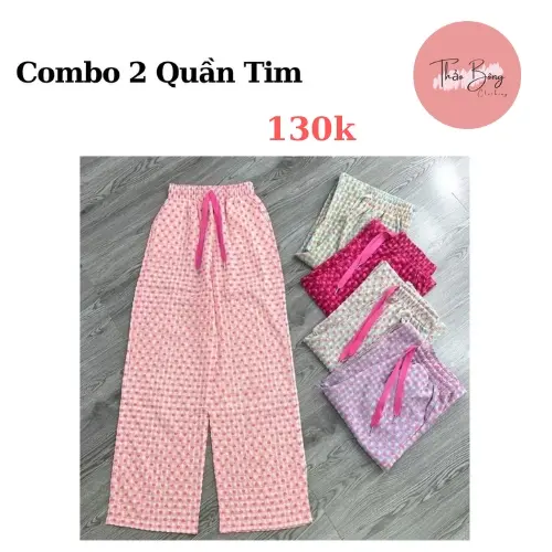 COMBO 2 quần suông đũi hoạ tiết tim hồng cạp chun lưng cao túi chéo mềm nhẹ mát mã 48 cho nữ quần  suông ống  rộng quan  ong  suong