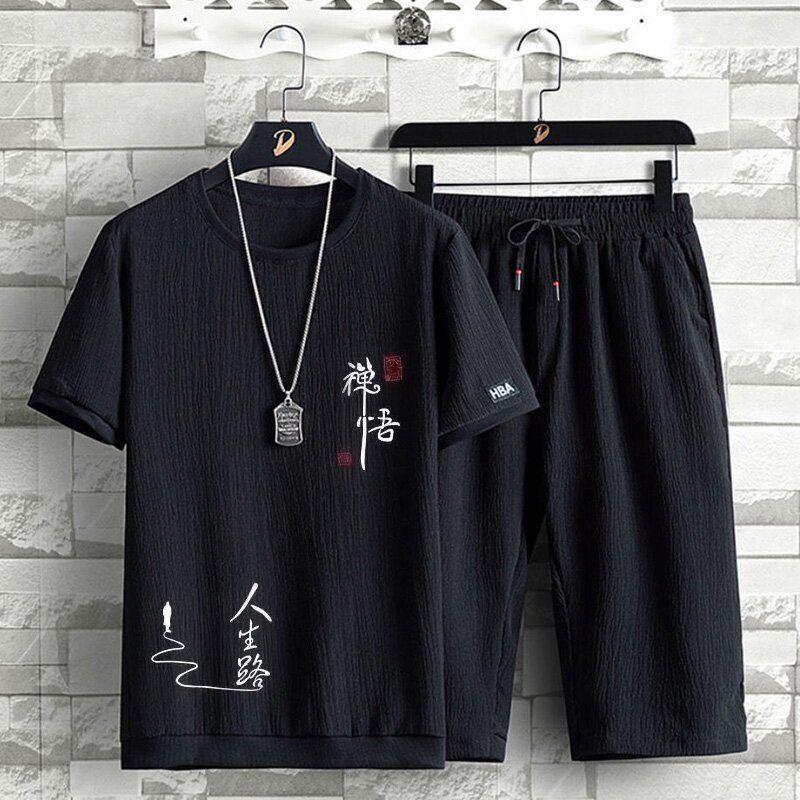 Bộ Đồ Lụa Lạnh Bộ Đồ Thể Thao Thường Ngày Cho Nam, Dáng Rộng Vừa Vặn, Ngoại Cỡ, Hợp Xu hướng Mùa Hè, ngắn Tay, Quần Cropped Xén, Bộ Đồ Hai Mảnh Thời Trang, Thích Hợp Cho Bộ Sưu Tập 7220 Người, Hợp Xu hướng 3