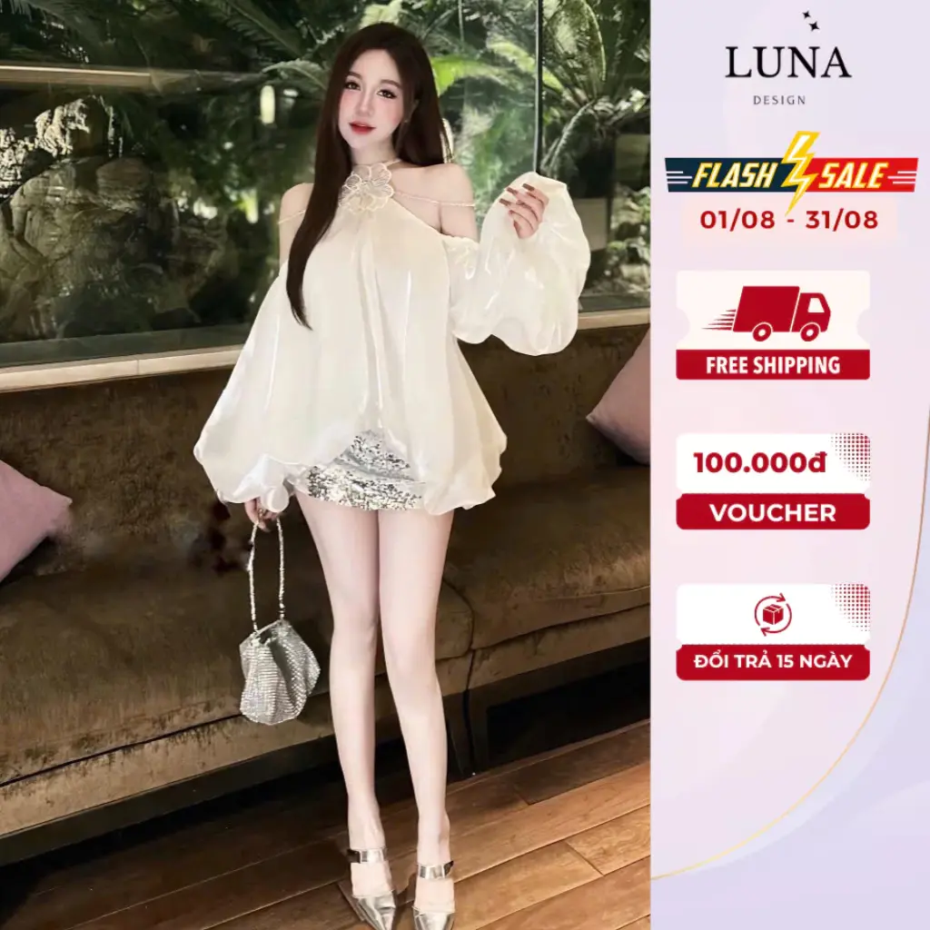 Set Đồ Hot Girl Dự Tiệc Sang Chảnh Áo Tơ Cổ Yếm Đính Hoa Tay Bồng Phối Chân Váy Kim Sa Lấp Lánh Hẹn Hò Dạo Phố Trẻ Trung