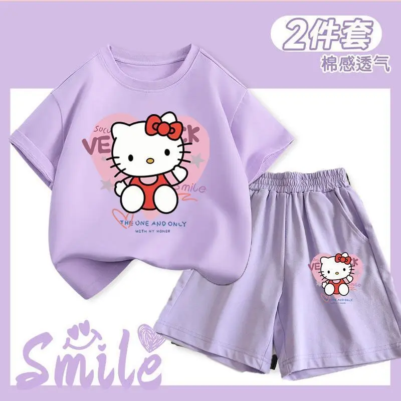 Bộ Đồ Bé Gái Hello Kitty, Quần Đùi ngắn Tay Mùa Hè, Bộ Đồ Hai Mảnh Cho Trẻ Em, Mỏng Và Thoáng Khí, Quần Đùi Tay Lửng Cho Trẻ Em Trung Và Lớn