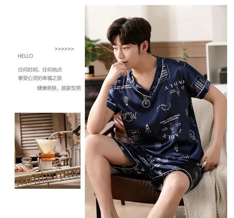 Product Introduction of Men's Pajamas Summer Fashion V-Neck Thin Ice Silk Short-Sleeved Shorts Nightie Two Piece 2024 New Boys Casual Sleepwear Nightie 28