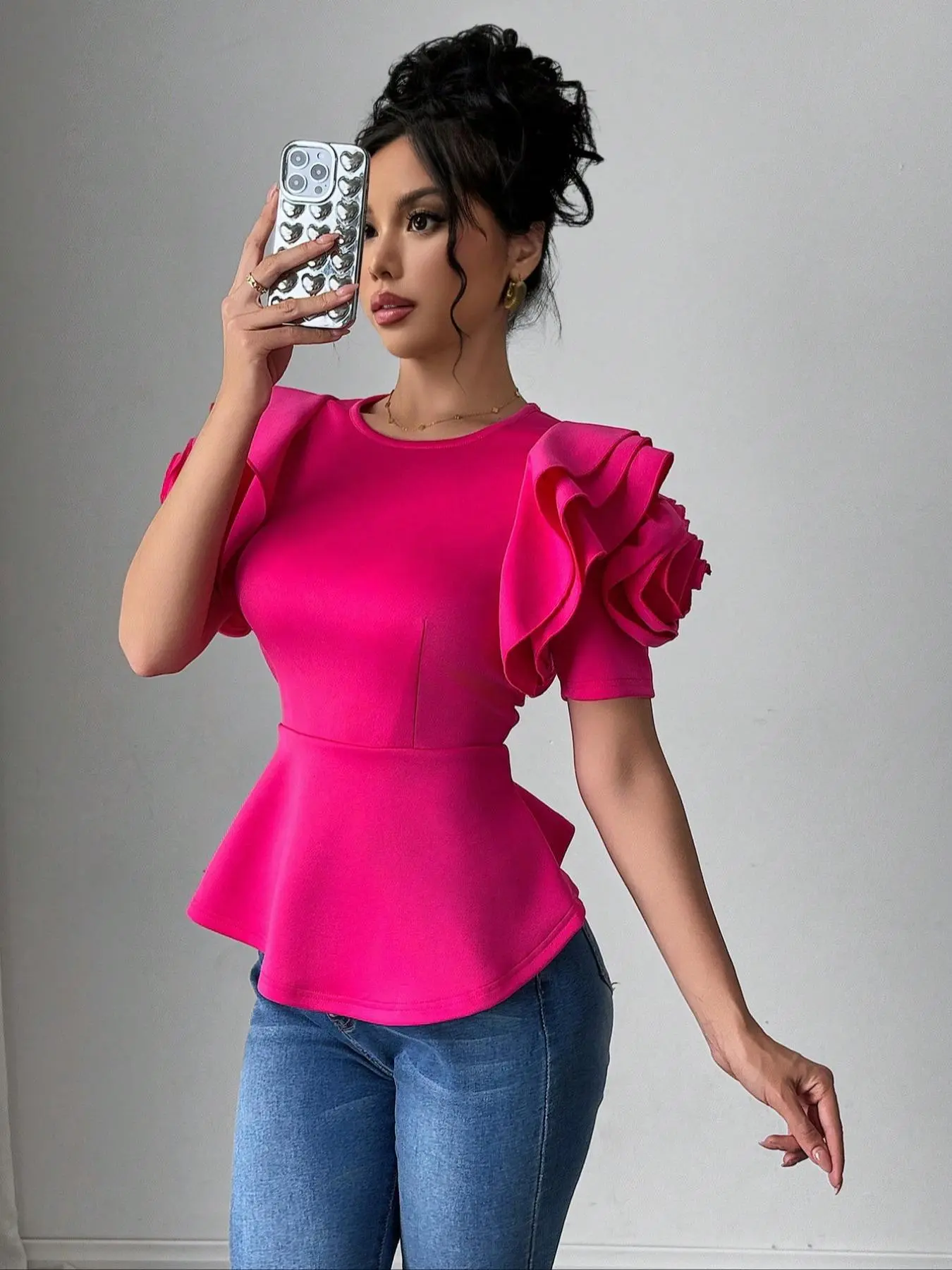Women's Floral Ruffle Trim Blouse, Elegant Fashion Casual Solid Color Top for Daily Outdoor Wear, Women Clothing for Spring Fall