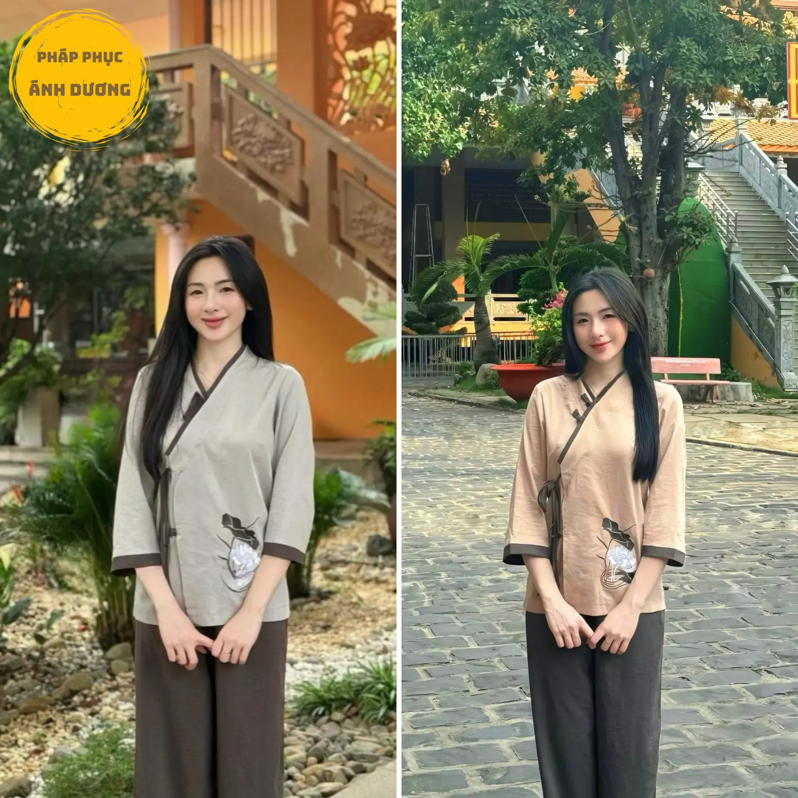 Bộ quần áo đi chùa đũi Nhật thêu sen cúc cài Ghi, Mã P18