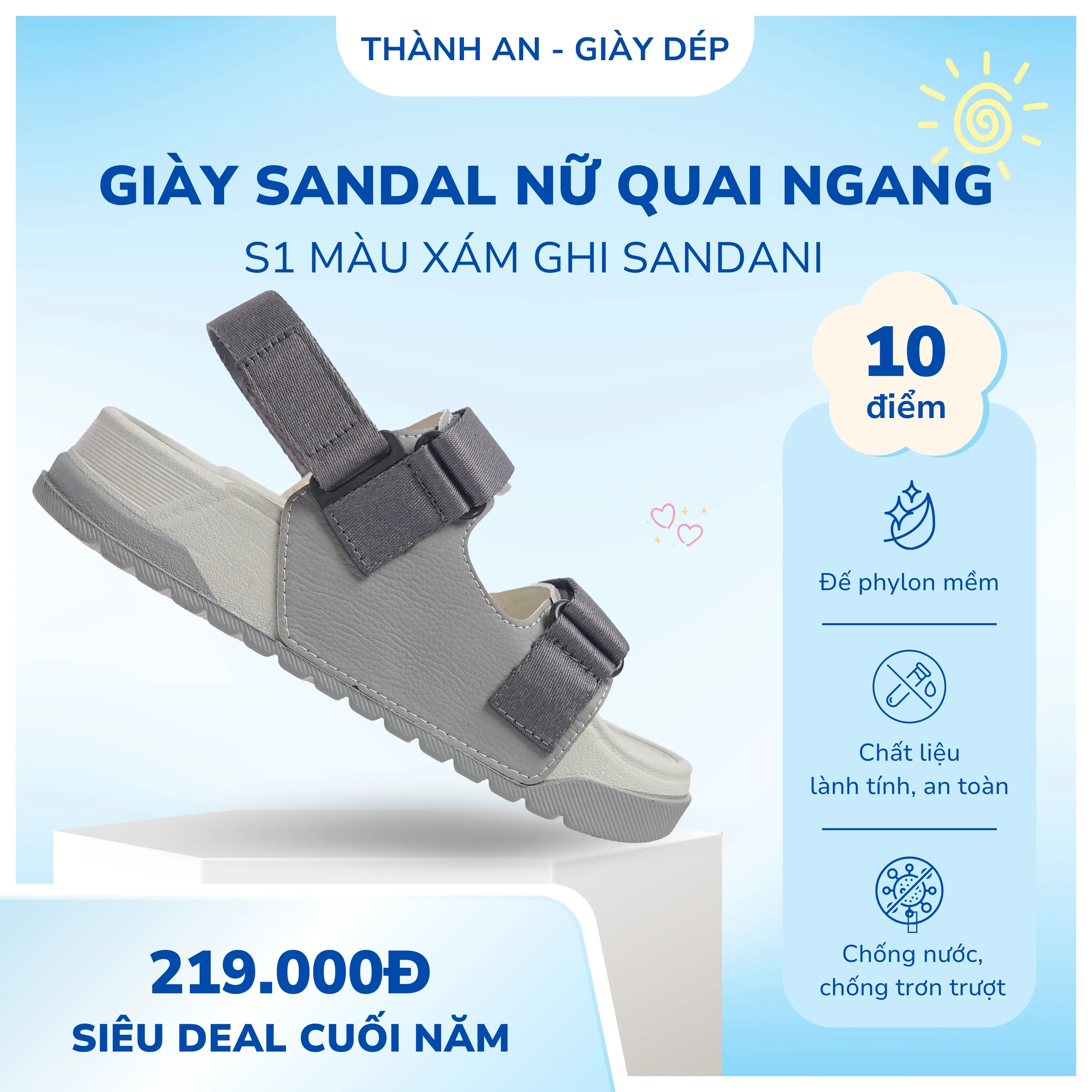 Dép Sandal Nữ Sandani Xám Ghi S1 - Đế Phylon Nhẹ Êm, Quai Dù Bền, Đi Học Đi Chơi - Cao Su, DéP sandal  nữ