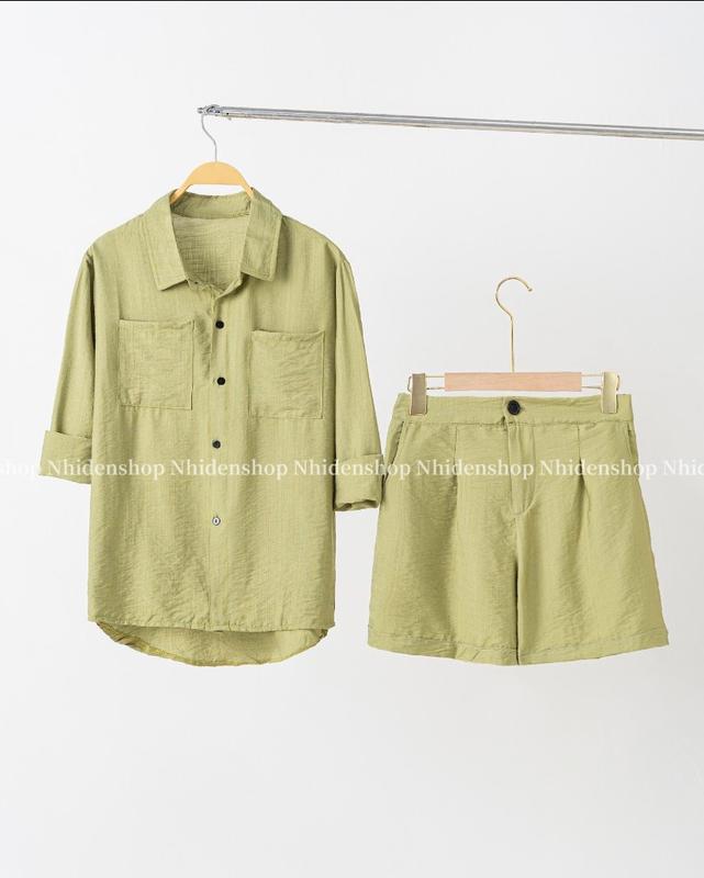 bộ đũi nữ - áo sơ mi dài tay + quần đùi sang chảnh Voi Women Nhung Top 2