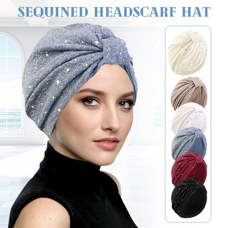 Turban Hat Muslim Stretchy Glitter Sequins Headscarf Hijab Cap Women Head Wrap Hats Party 1