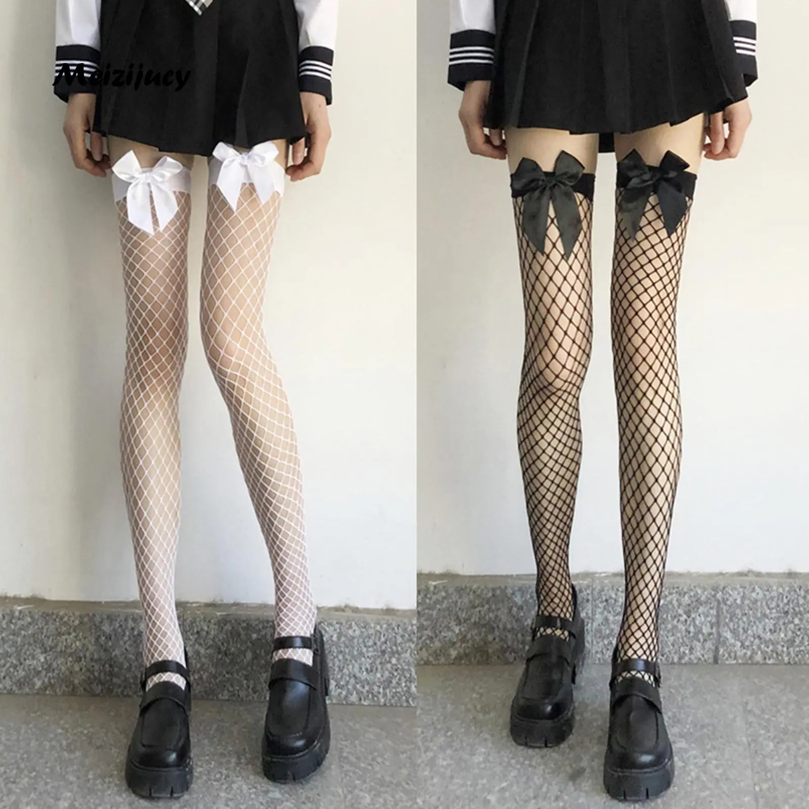 Women Sheer Fishnet Stockings with Bow, Teen Girl Fish Nets Tights for Party, Photography
