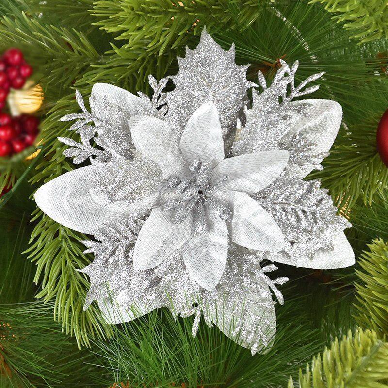 Product Introduction of 14cm Glitter Artificial Christmas Flowers Xmas Tree Ornaments Merry Christmas Decorations for Home Decor New Year Gifts 1pcs Cloth Wreath 13