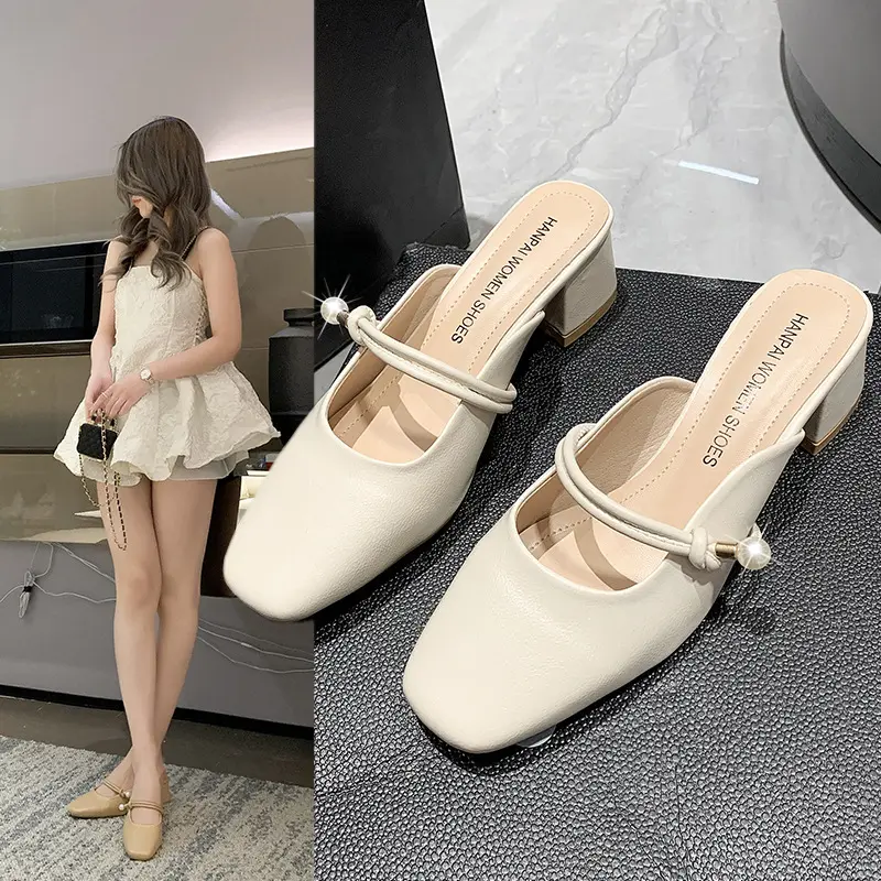 Women's Summer Outdoor Slippers Thick Heel Toe Box Half Slippers Fashionable Retro Dress White Non-Slip Sandals