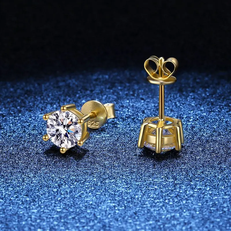 Moissanite S925 Sterling Silver Gold Plated Classic Six-Claw Stud Earrings 1 Karat D Color Moissanite Stud Earrings for Women