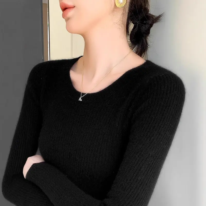 Áo Len Dài Tay Giữ Nhiệt, Dành Cho Nữ, Màu Trơn Cổ Tròn, Dáng Ôm, Áo Sơ Mi Dệt Kim Co Giãn Voi Women 5