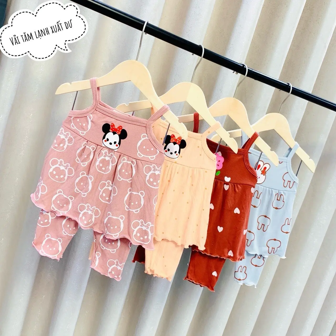 Bộ quần áo 2 dây dáng váy chất tăm lạnh mềm co dãn cho bé, đồ bộ dáng babydoll cho bé gái 7-18kg