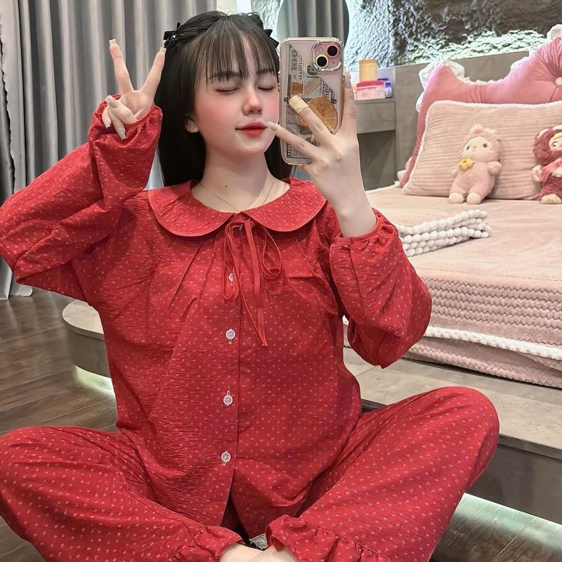 Đồ Bộ Nữ Chất Vải Đũi Hoa Nhí Đỏ , bộ pijama đũi tiểu thư , bộ ngủ thu đông freesize 40-60kg [ Tổng Hợp Mẫu ] Women Nhung Voi  Kem 6