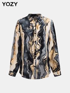 YOZY Women's Colorblock Print Button Front Shirt, Casual Long Sleeve Collared Top for Daily Wear, Ladies Clothes for All Seasons