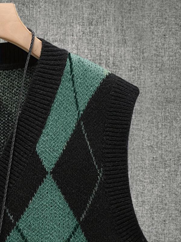Men's Colorblock Argyle Pattern V Neck Sweater Vest, Casual Sleeveless Jumper Vest for Spring & Fall, Fashion Men's Knit Clothing for Daily Wear, Tops 4