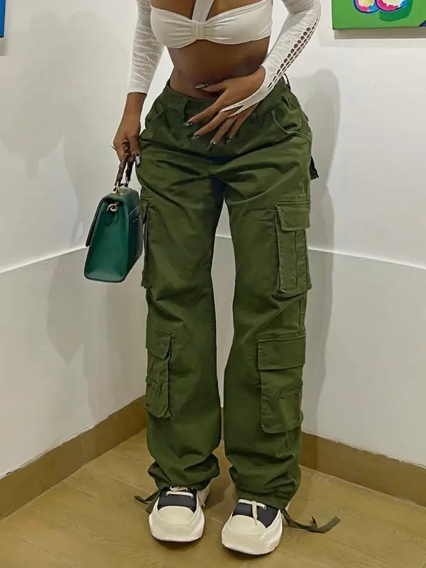 Women's Solid Multi-pocket Cargo Pants, Fashion Casual Trousers for Daily Wear, Ladies Bottoms for All Seasons 4