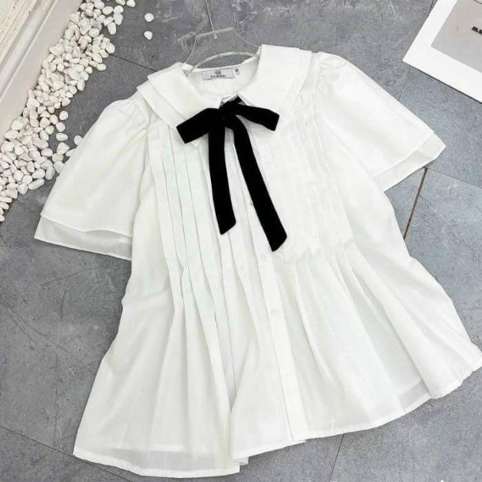 Áo sơ mi cộc tay nữ tay ngắn kiểu Hàn Quốc phối nơ họa tiết cổ V màu trắng thời trang công sở Áo sơ mi cộc tiểu thư đẹp Top Voi Voan