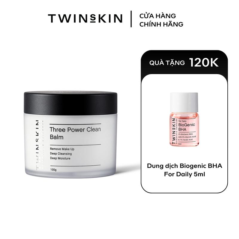 Sáp tẩy trang sạch sâu siêu nhũ hóa TWINS SKIN Three Power Clean Balm 100g  TẶNG 1 Dung dịch làm sạch Biogenic BHA For Daily 5ml