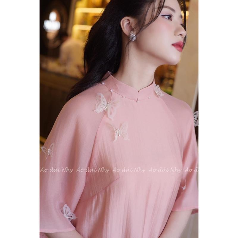Áo dài cách tân nữ Hồ Điệp 2 màu hồng xanh bơ dáng suông tay lỡ tơ đũi cao cấp Voan Dress 1